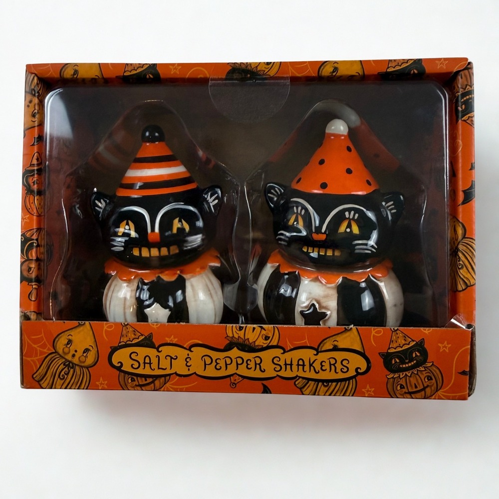 Johanna Parker Black Cat Salt Pepper Shakers Halloween Vintage Retro Style